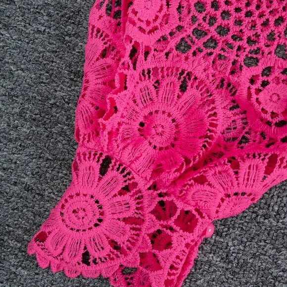 Hot Pink Elegant Women's Floral Lace Hollow Zipper Front Long Sleeve Blouse - Picture 4 of 6